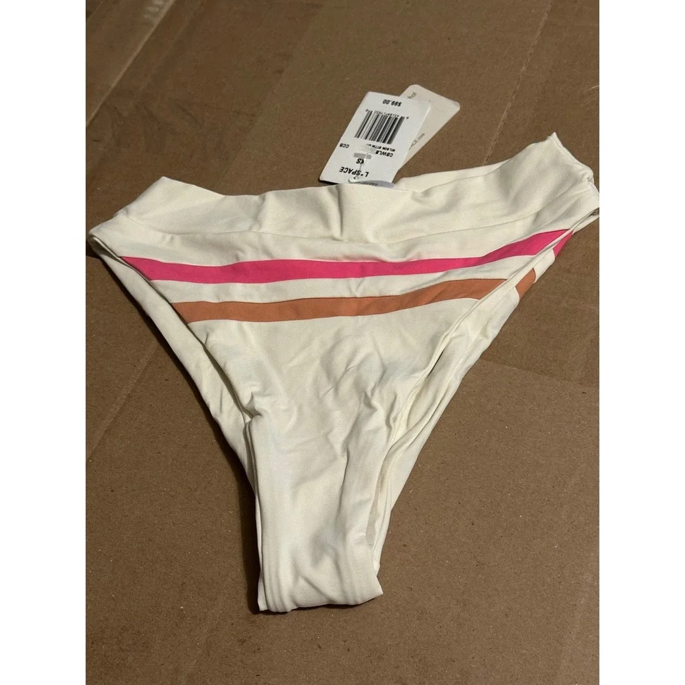 L Space Wilson Bitsy Bikini Bottom Cream Pink Orange Striped High‎ Rise Size XS